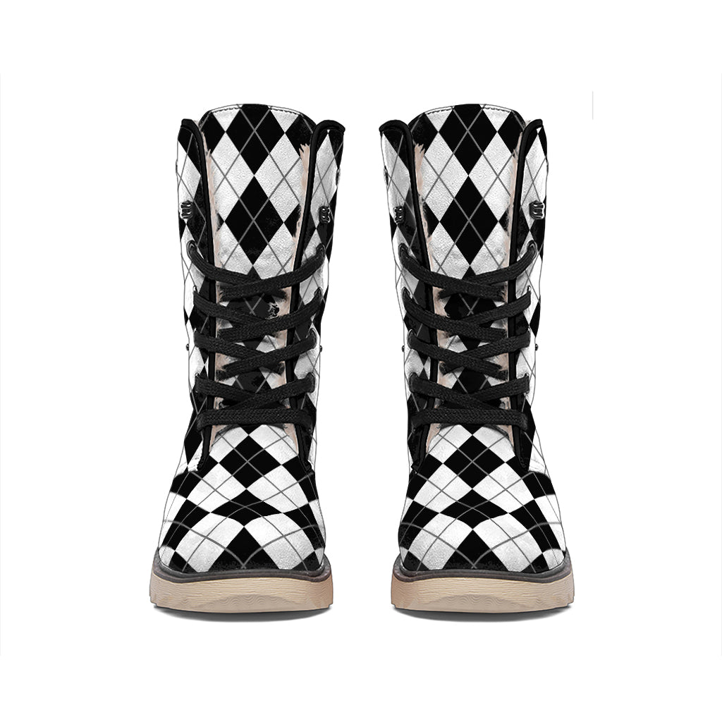 Black And White Argyle Pattern Print Winter Boots