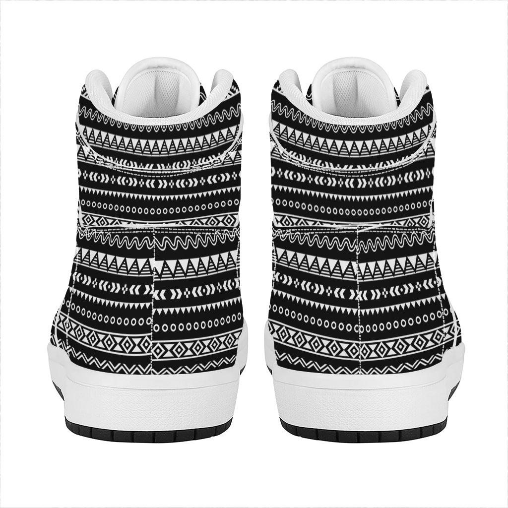 Black And White Aztec Ethnic Print High Top Leather Sneakers