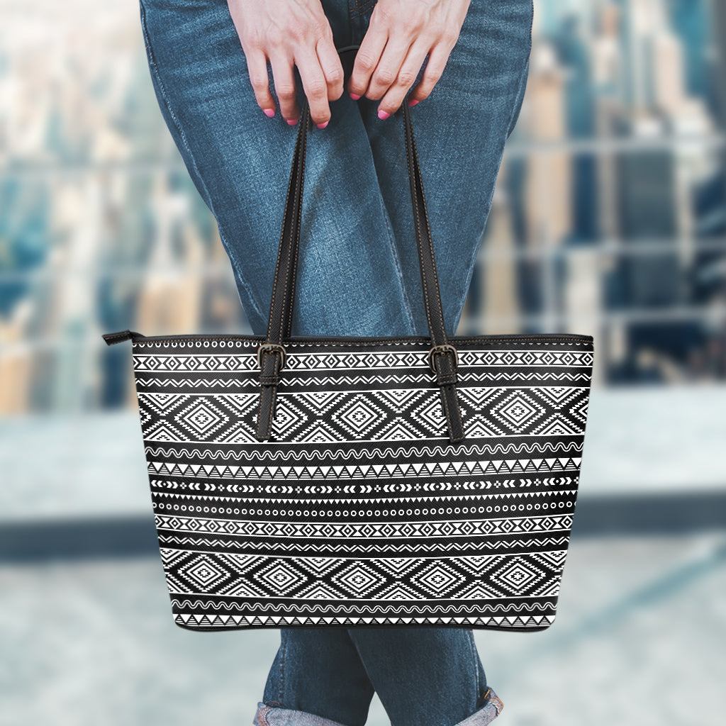 Black And White Aztec Ethnic Print Leather Tote Bag