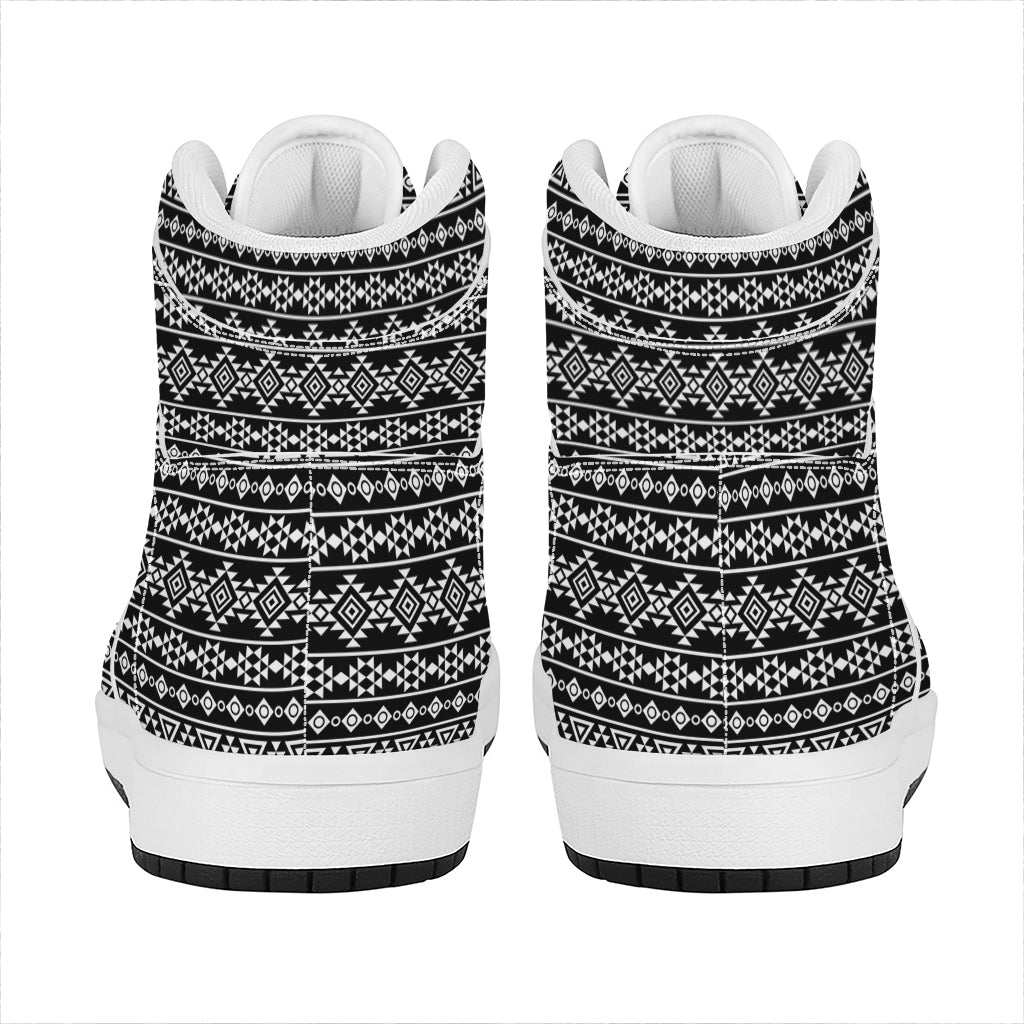 Black And White Aztec Geometric Print High Top Leather Sneakers