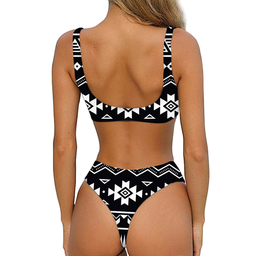 Black And White Aztec Pattern Print Front Bow Tie Bikini