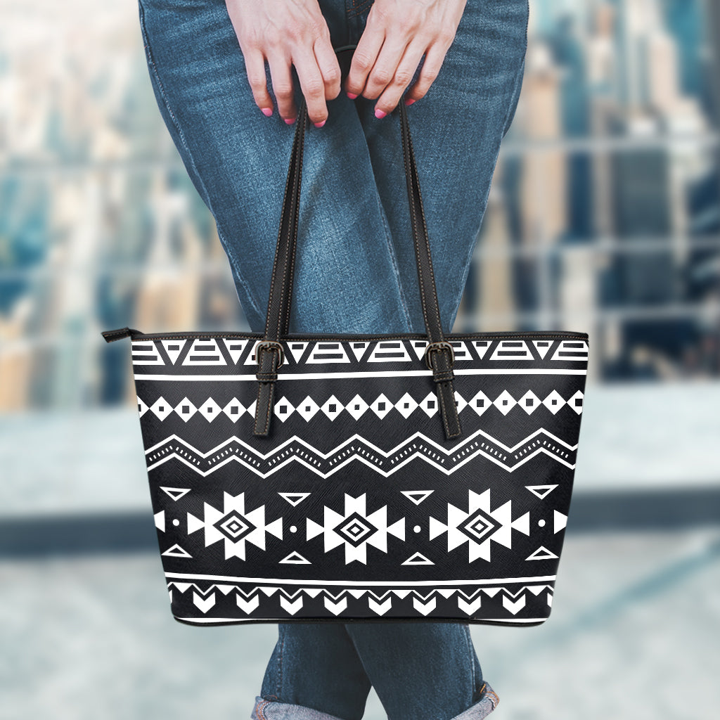 Black And White Aztec Pattern Print Leather Tote Bag