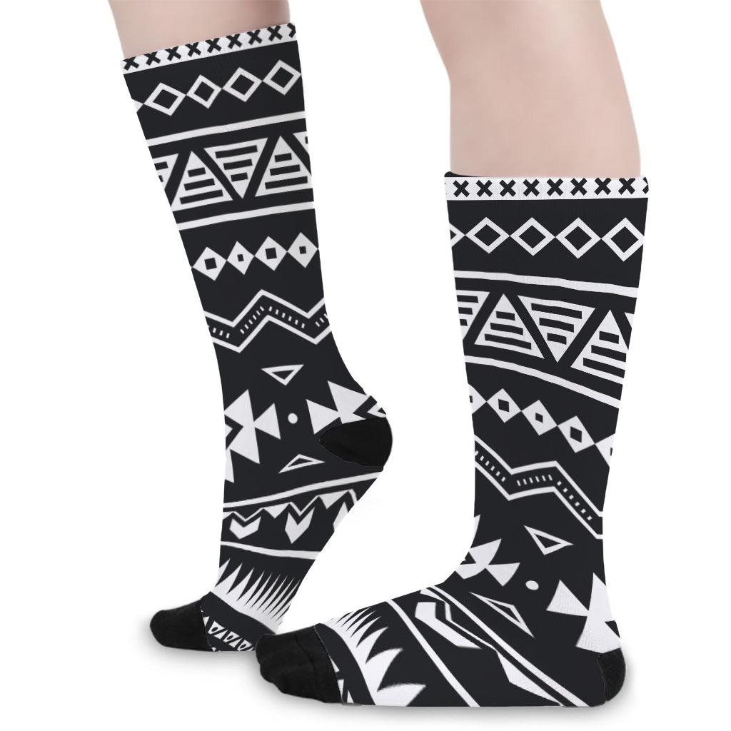 Black And White Aztec Pattern Print Long Socks