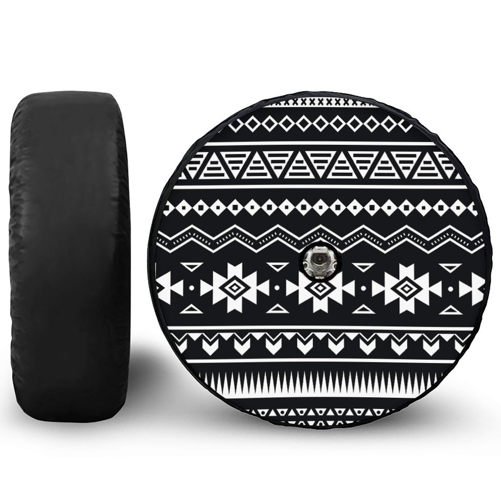 Black And White Aztec Pattern Print Tire Cover With Camera Hole