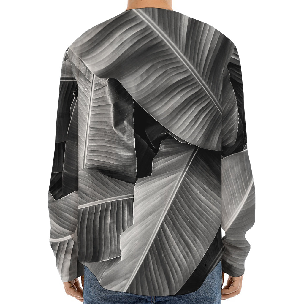Black And White Banana Leaf Print Long Sleeve Baseball Jersey