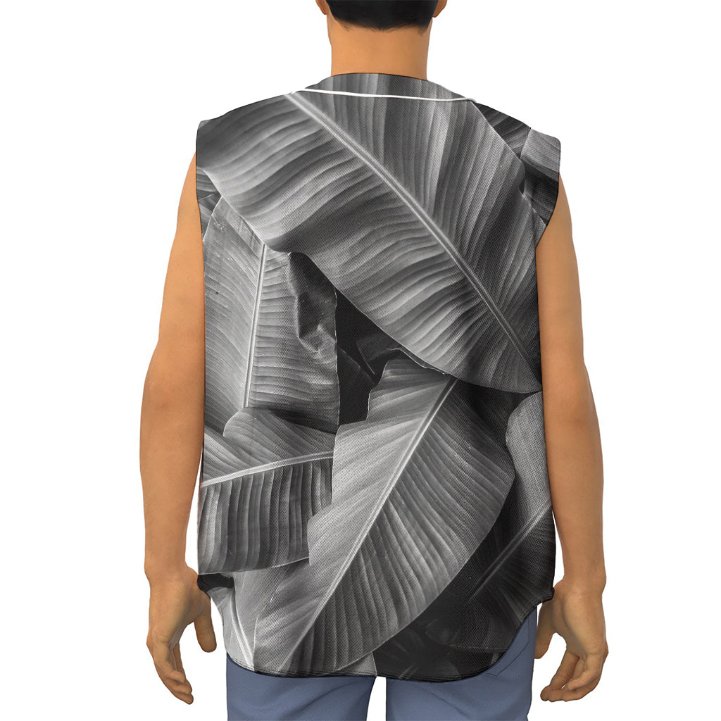 Black And White Banana Leaf Print Sleeveless Baseball Jersey