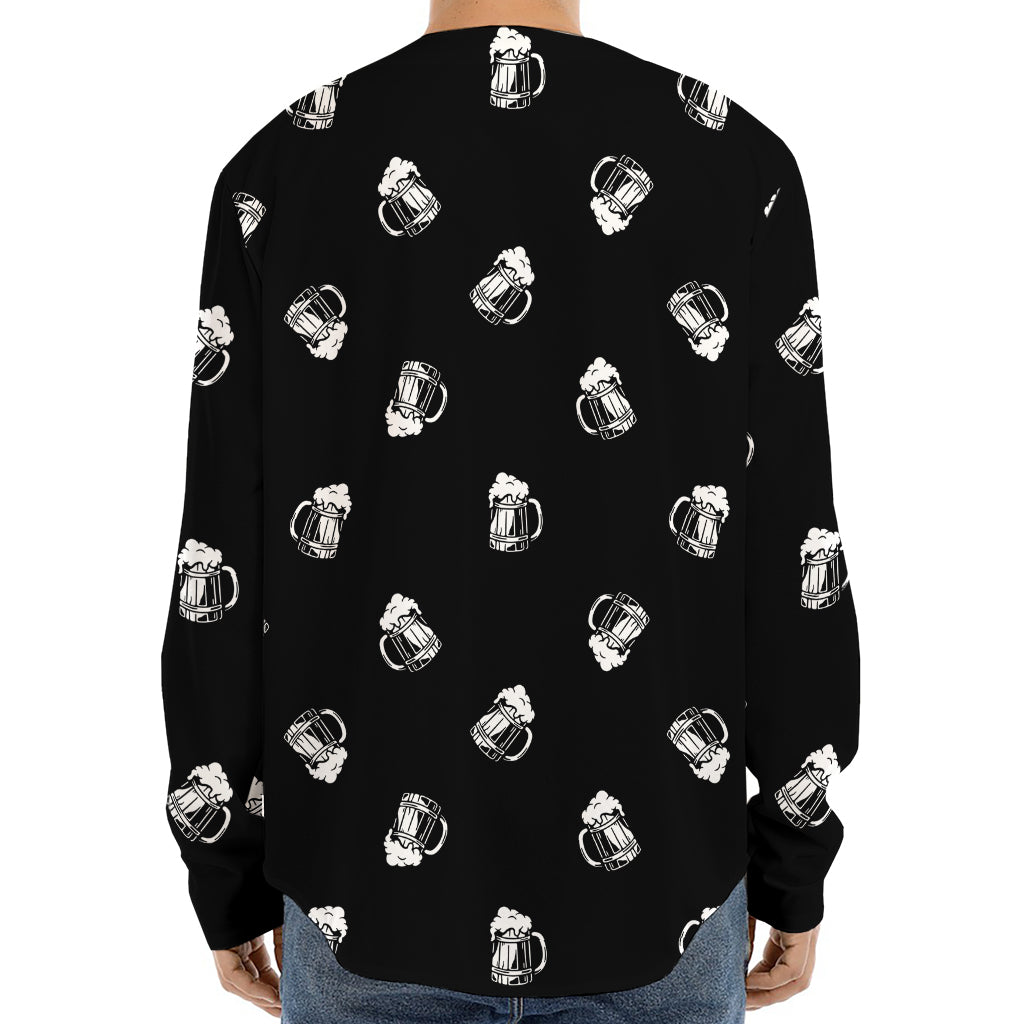 Black And White Beer Pattern Print Long Sleeve Baseball Jersey