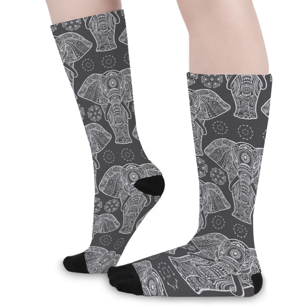 Black And White Boho Elephant Print Long Socks
