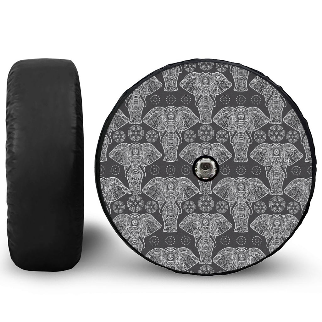 Black And White Boho Elephant Print Tire Cover With Camera Hole