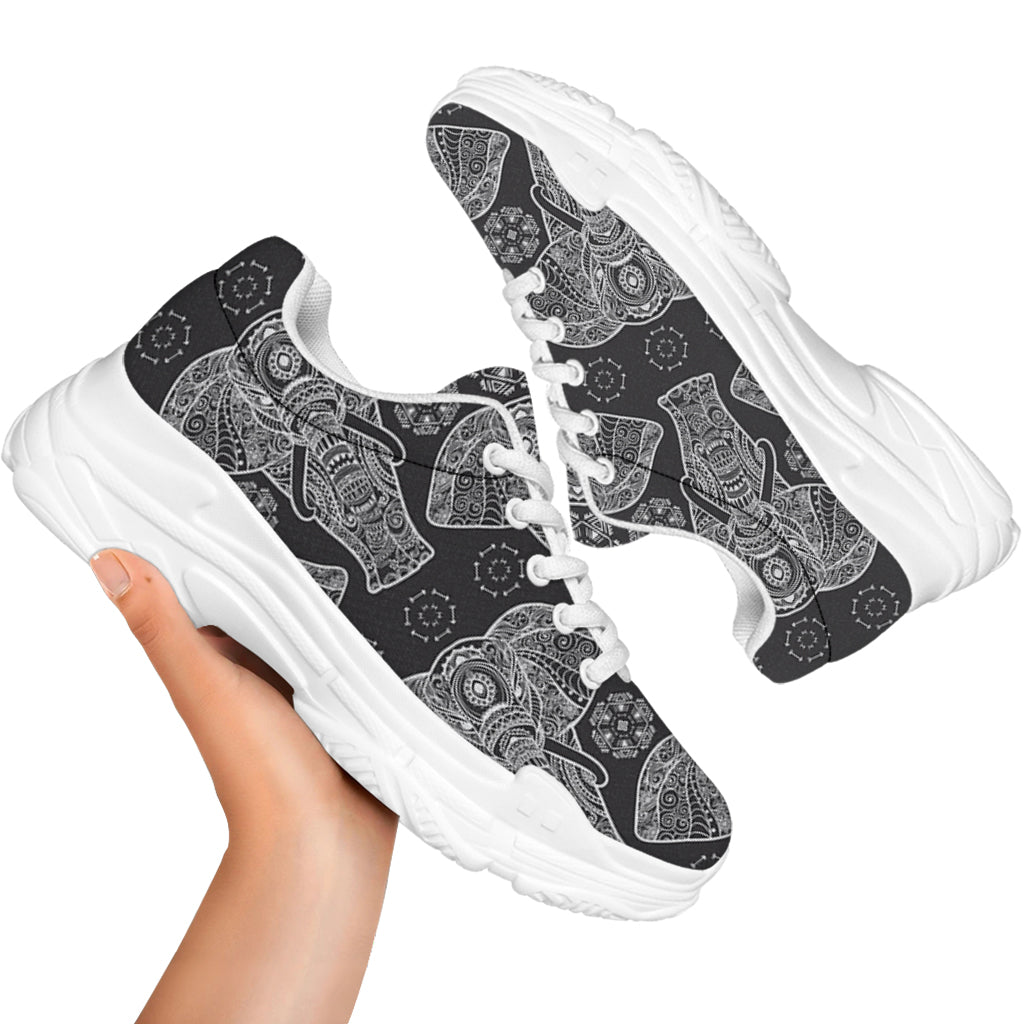 Black And White Boho Elephant Print White Chunky Shoes