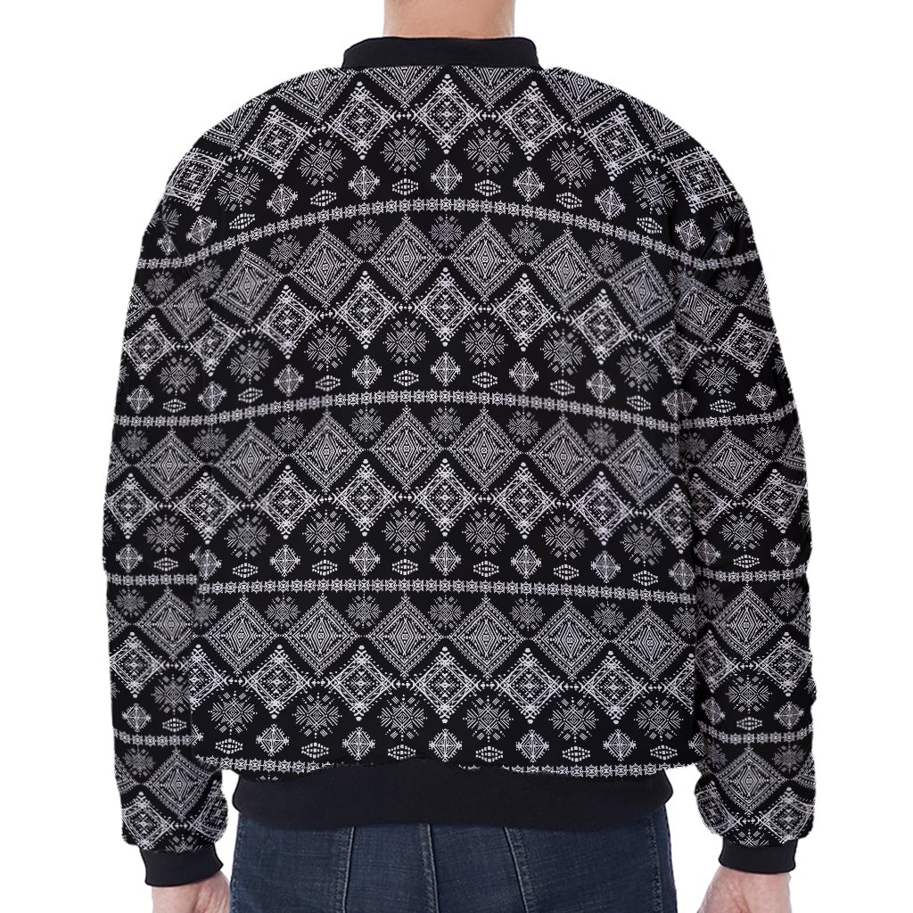 Black And White Boho Tribal Print Zip Sleeve Bomber Jacket