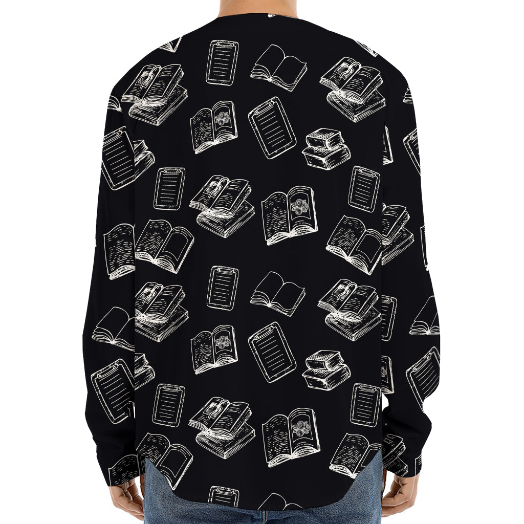 Black And White Books Pattern Print Long Sleeve Baseball Jersey