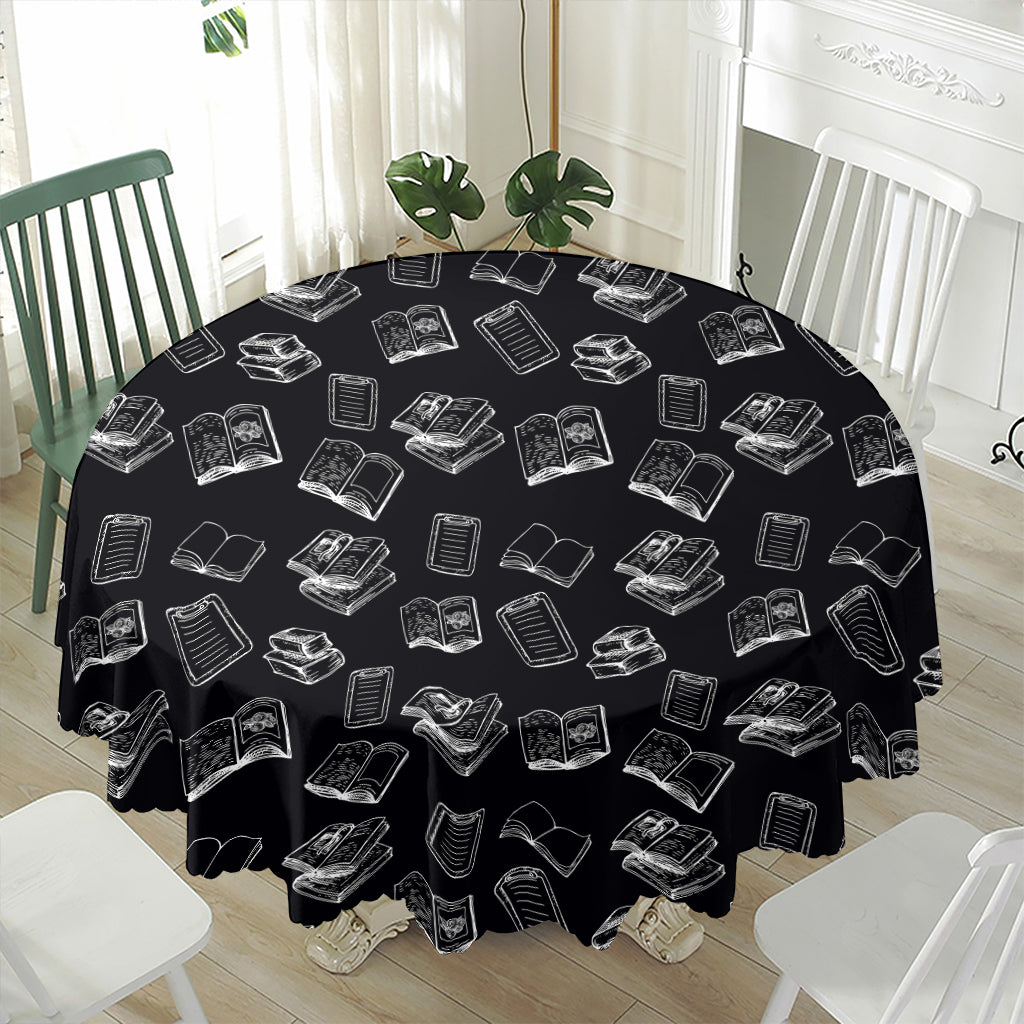 Black And White Books Pattern Print Waterproof Round Tablecloth