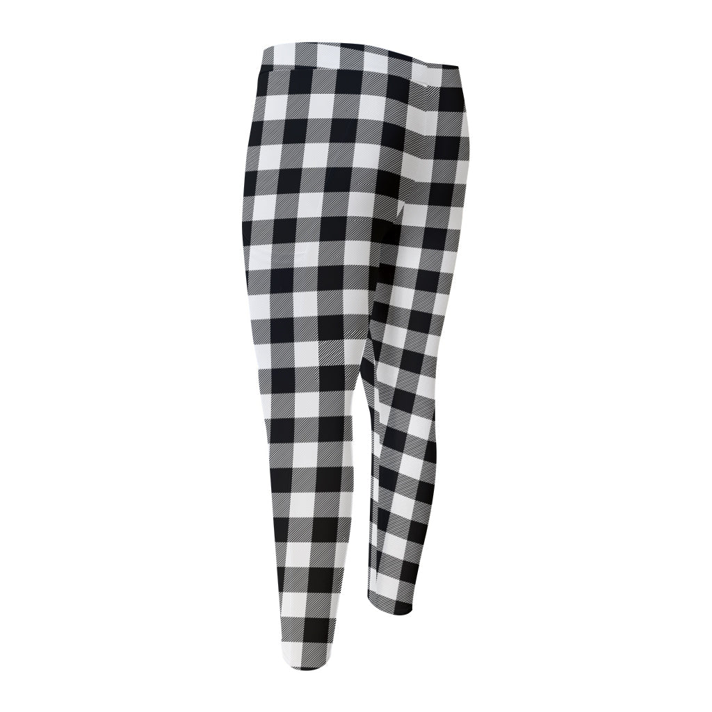 Black And White Buffalo Plaid Print Men's Compression Pants