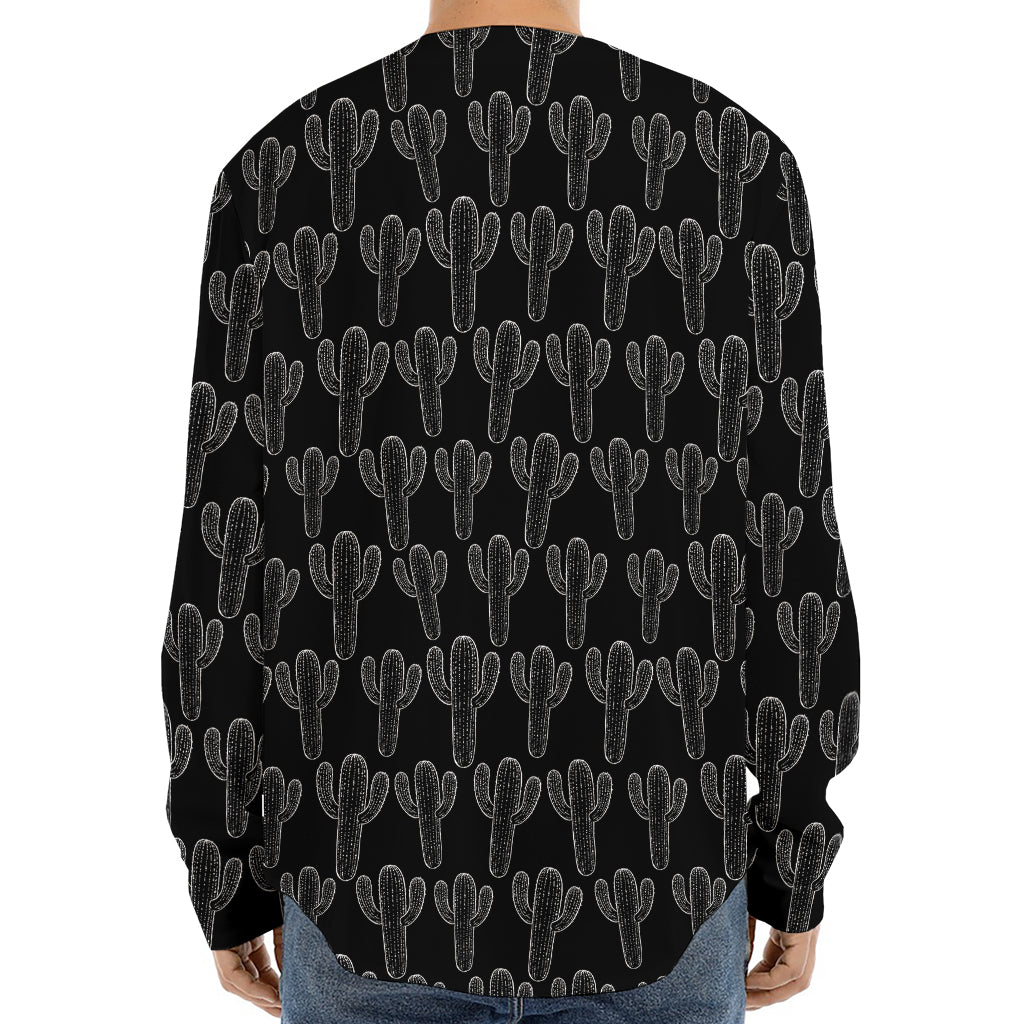 Black And White Cactus Pattern Print Long Sleeve Baseball Jersey