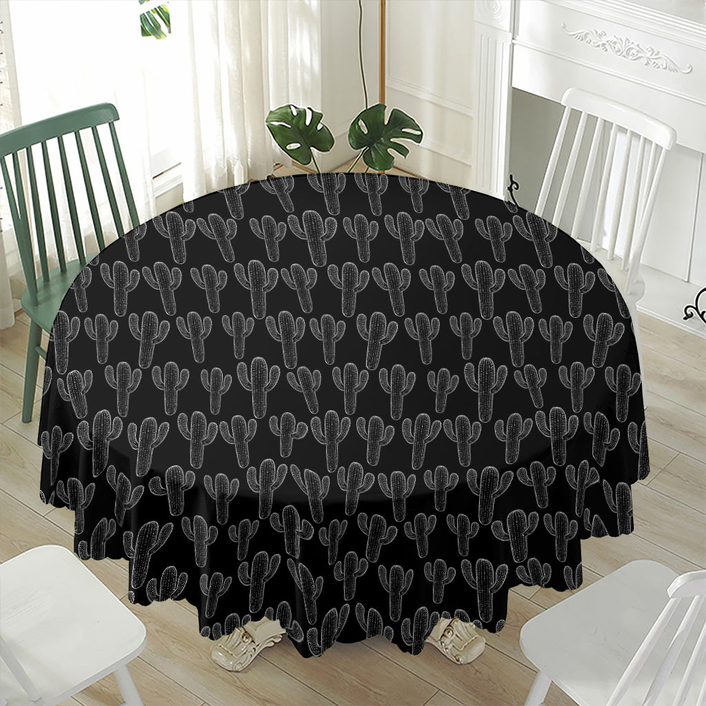 Black And White Cactus Pattern Print Waterproof Round Tablecloth