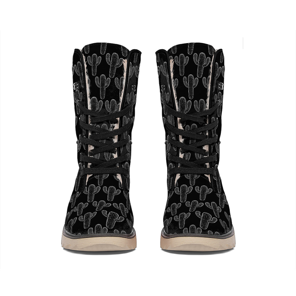 Black And White Cactus Pattern Print Winter Boots