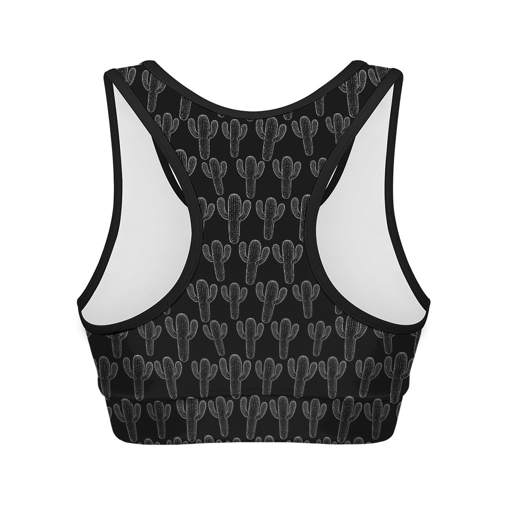 Black And White Cactus Pattern Print Women's Sports Bra