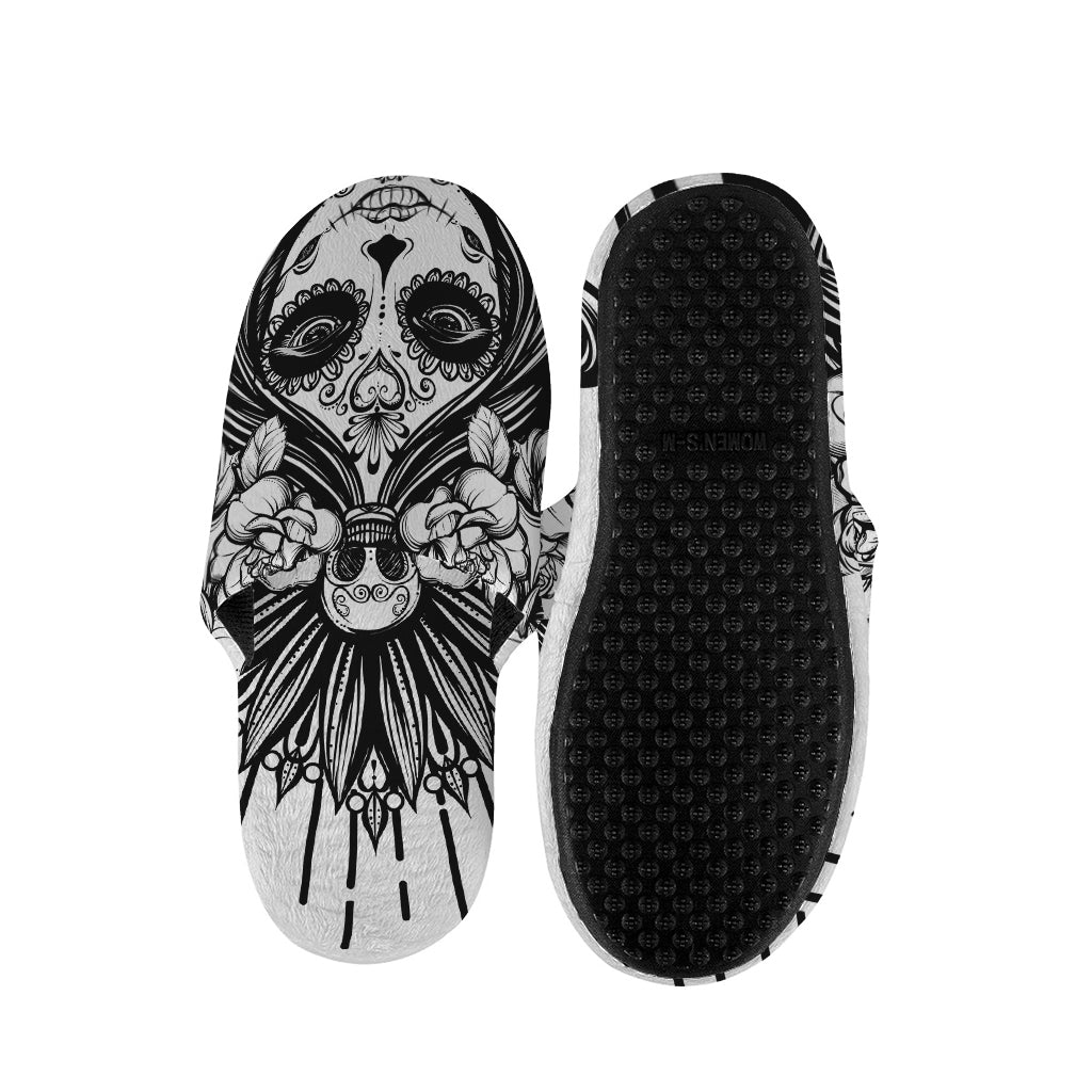 Black And White Calavera Girl Print Slippers
