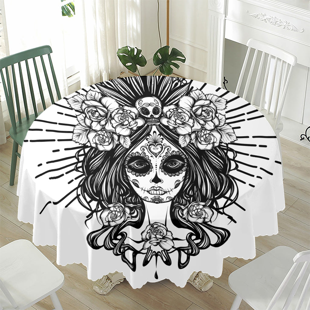 Black And White Calavera Girl Print Waterproof Round Tablecloth