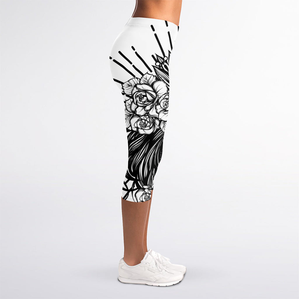 Black And White Calavera Girl Print Women's Capri Leggings