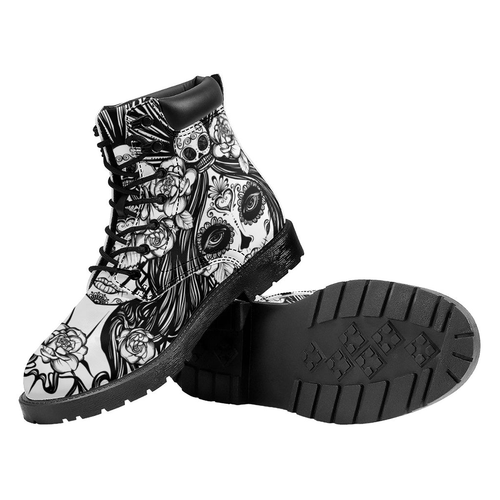 Black And White Calavera Girl Print Work Boots