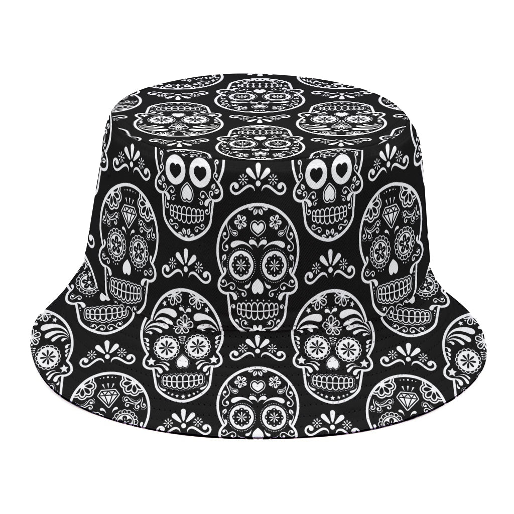 Black And White Calavera Skull Print Bucket Hat