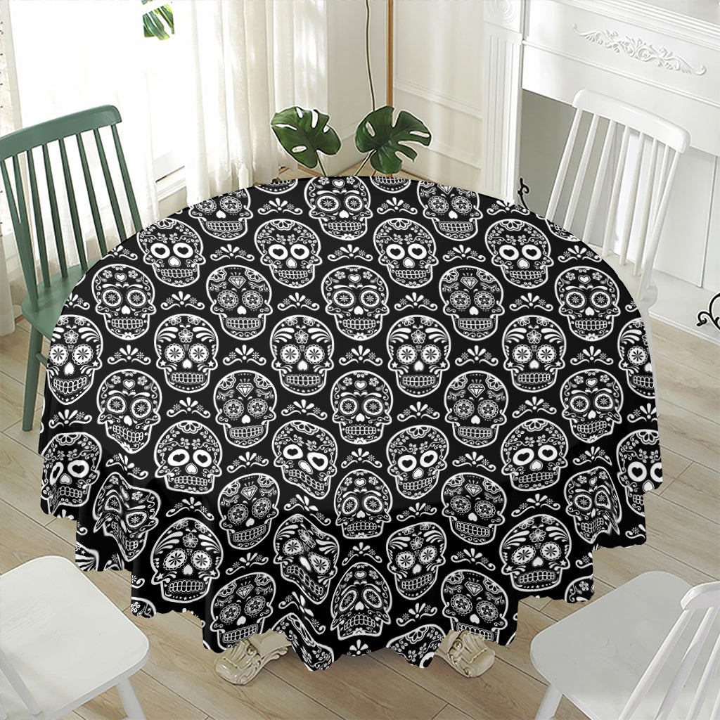 Black And White Calavera Skull Print Waterproof Round Tablecloth