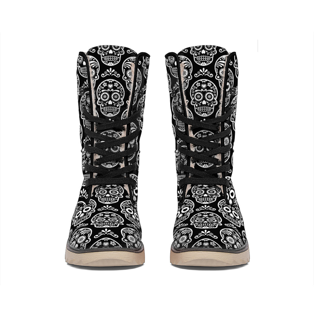 Black And White Calavera Skull Print Winter Boots