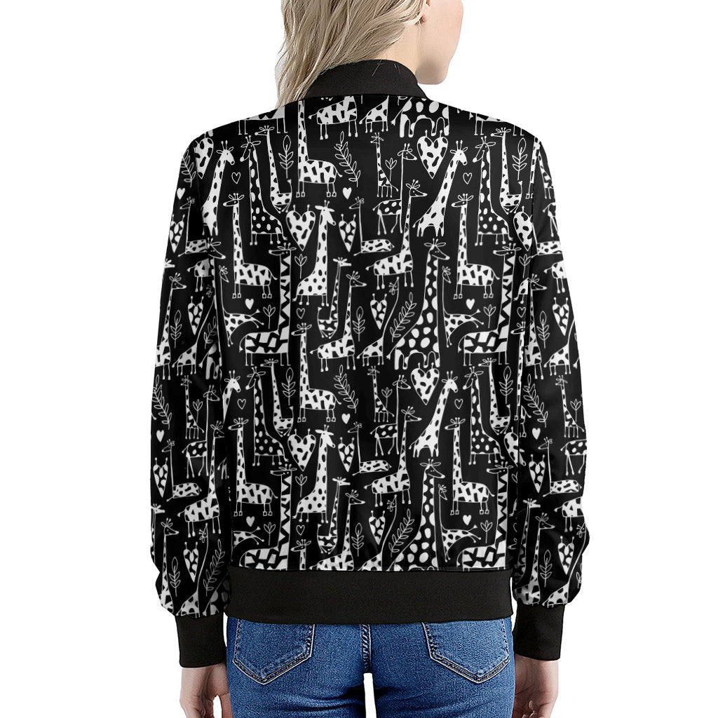 Black And White Cartoon Giraffe Print Women's Bomber Jacket
