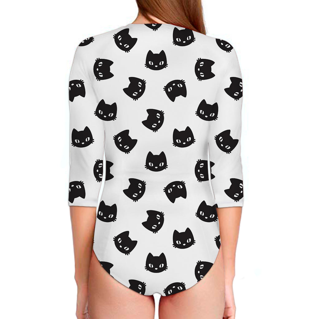 Black And White Cat Pattern Print Long Sleeve Swimsuit
