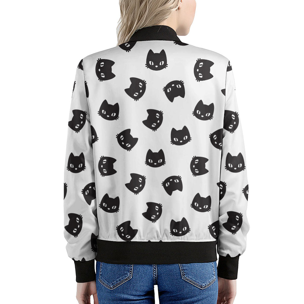 Black And White Cat Pattern Print Women's Bomber Jacket