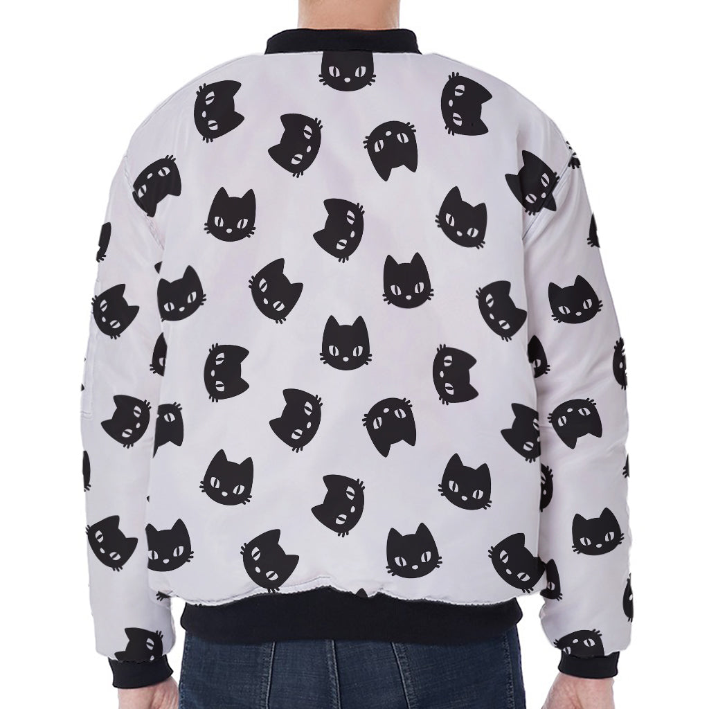 Black And White Cat Pattern Print Zip Sleeve Bomber Jacket