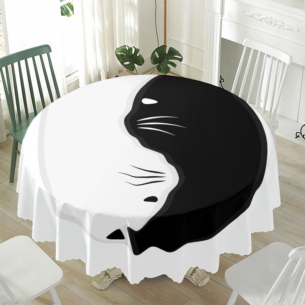 Black And White Cat Yin Yang Print Waterproof Round Tablecloth