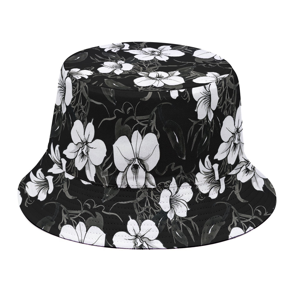 Black And White Cattleya Pattern Print Bucket Hat