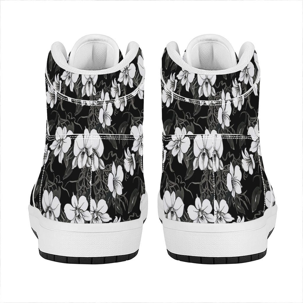 Black And White Cattleya Pattern Print High Top Leather Sneakers