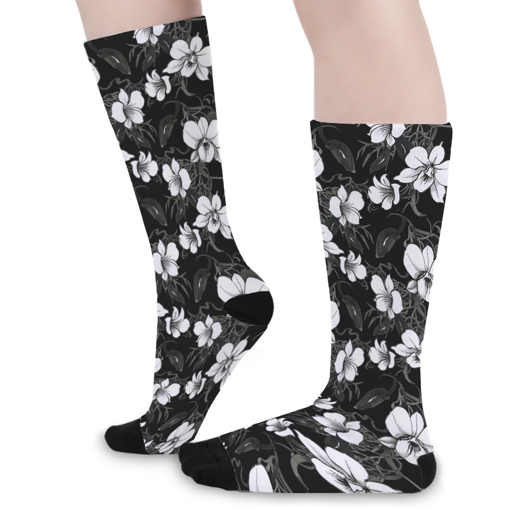 Black And White Cattleya Pattern Print Long Socks