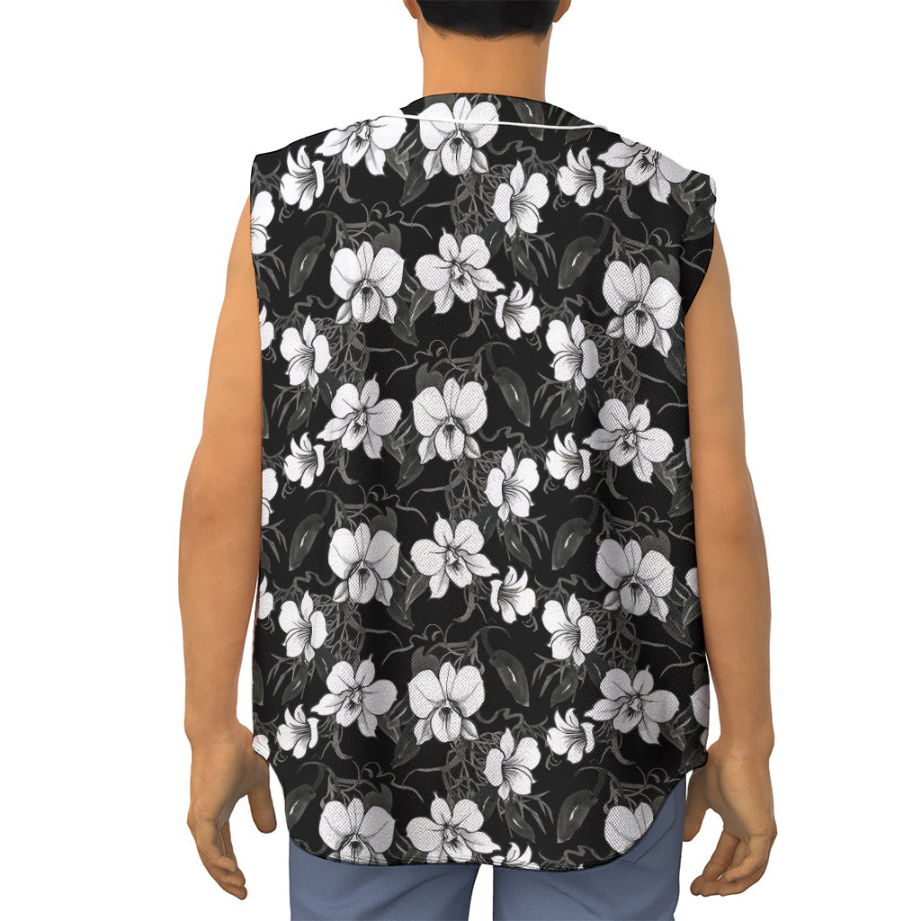 Black And White Cattleya Pattern Print Sleeveless Baseball Jersey