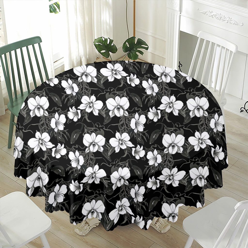 Black And White Cattleya Pattern Print Waterproof Round Tablecloth