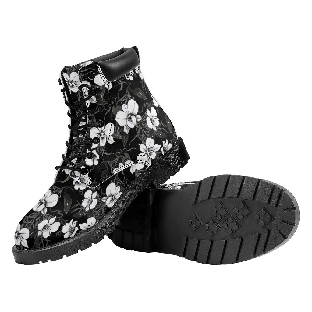 Black And White Cattleya Pattern Print Work Boots