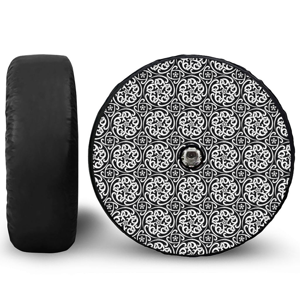 Black And White Celtic Pattern Print Tire Cover With Camera Hole