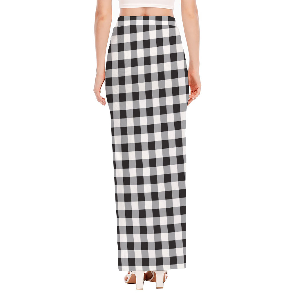 Black And White Check Pattern Print High Slit Maxi Skirt