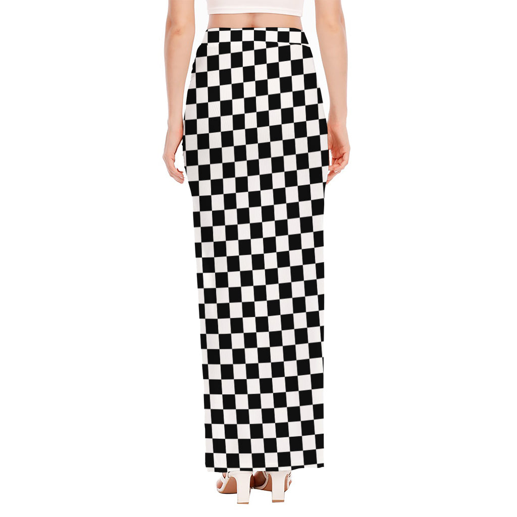 Black And White Checkered Pattern Print High Slit Maxi Skirt