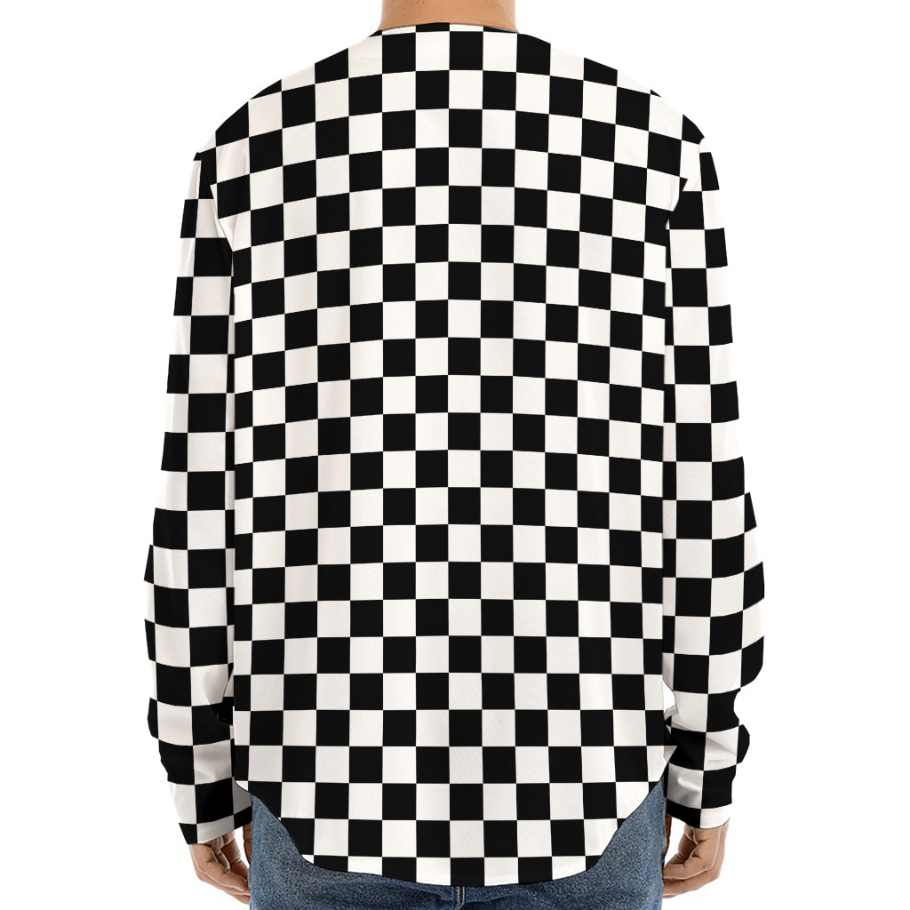 Black And White Checkered Pattern Print Long Sleeve Baseball Jersey