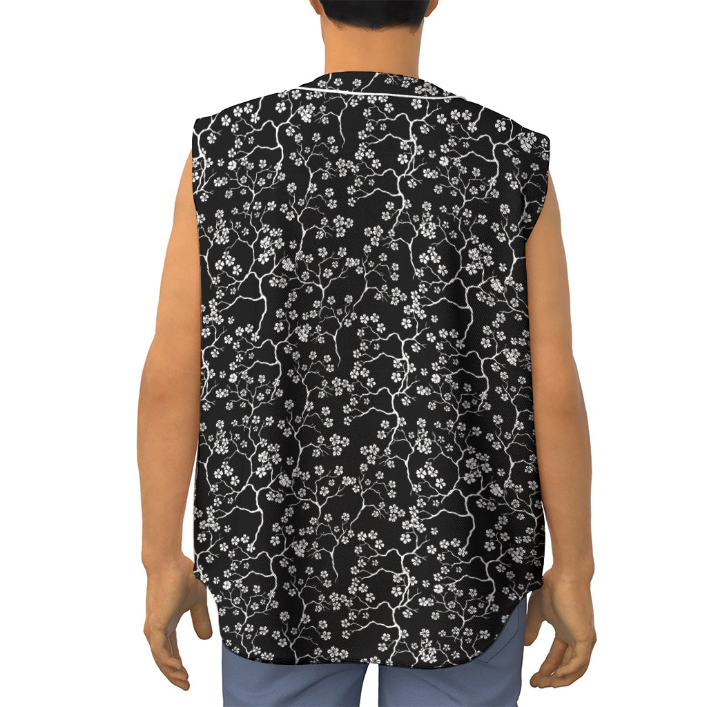 Black And White Cherry Blossom Print Sleeveless Baseball Jersey
