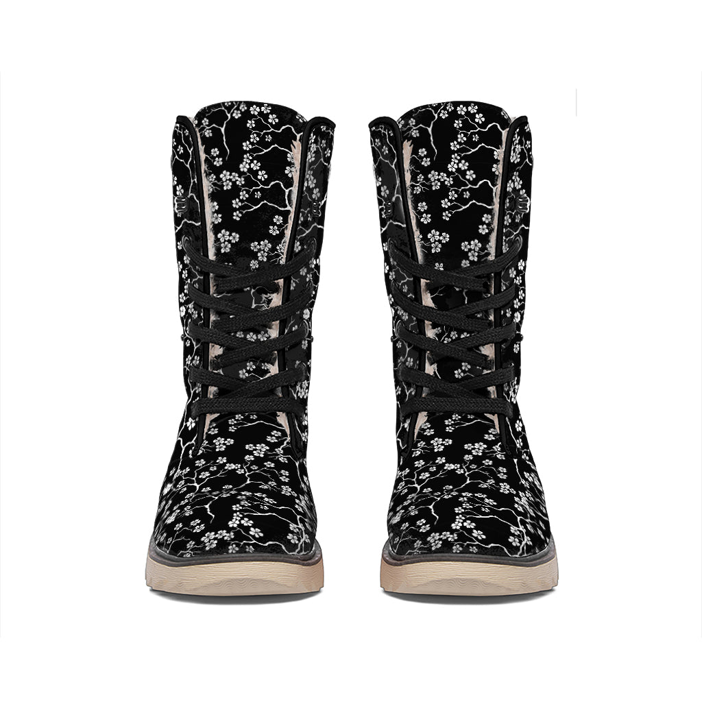 Black And White Cherry Blossom Print Winter Boots
