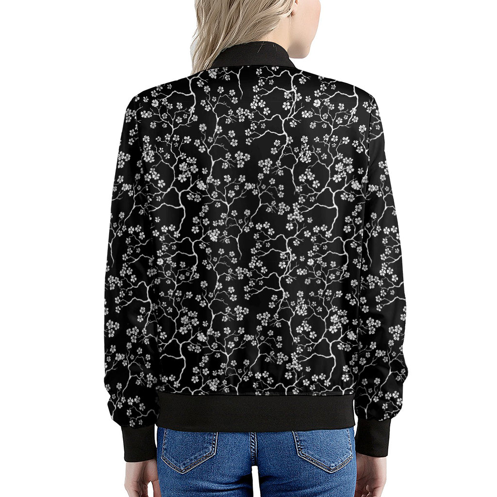Black And White Cherry Blossom Print Women's Bomber Jacket