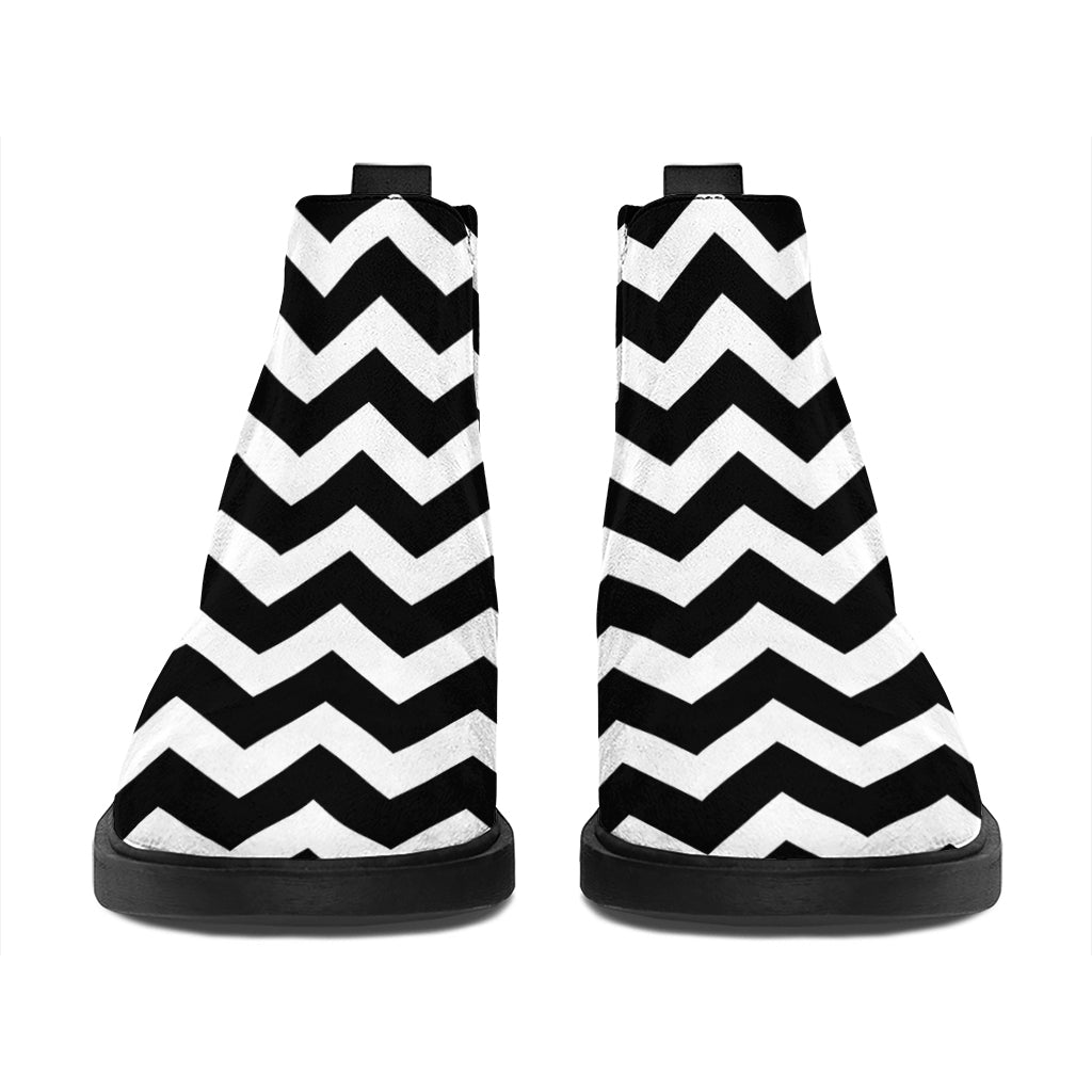 Black And White Chevron Pattern Print Flat Ankle Boots