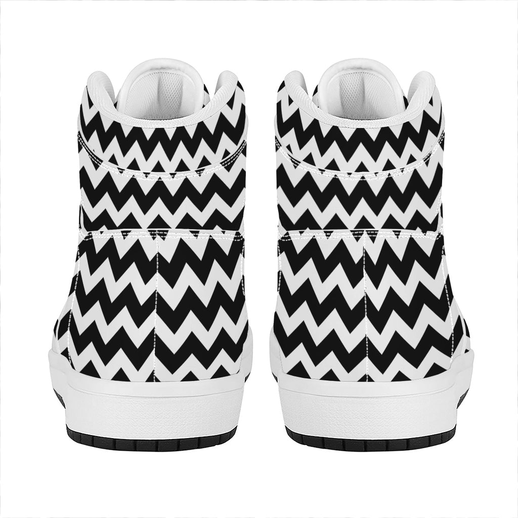 Black And White Chevron Pattern Print High Top Leather Sneakers