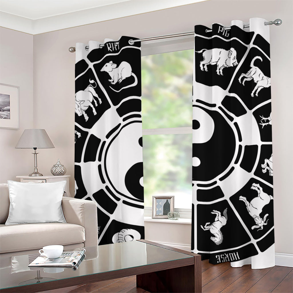 Black And White Chinese Zodiac Print Grommet Curtains